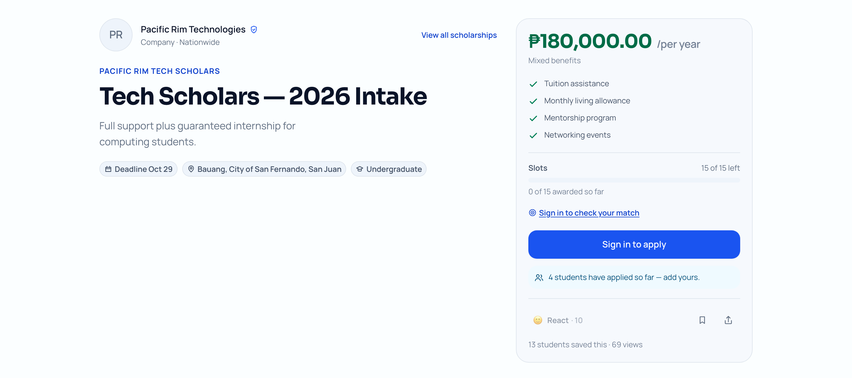 A scholarship page showing a verified company, the amount, the closing date, what the student receives, and the requirements.