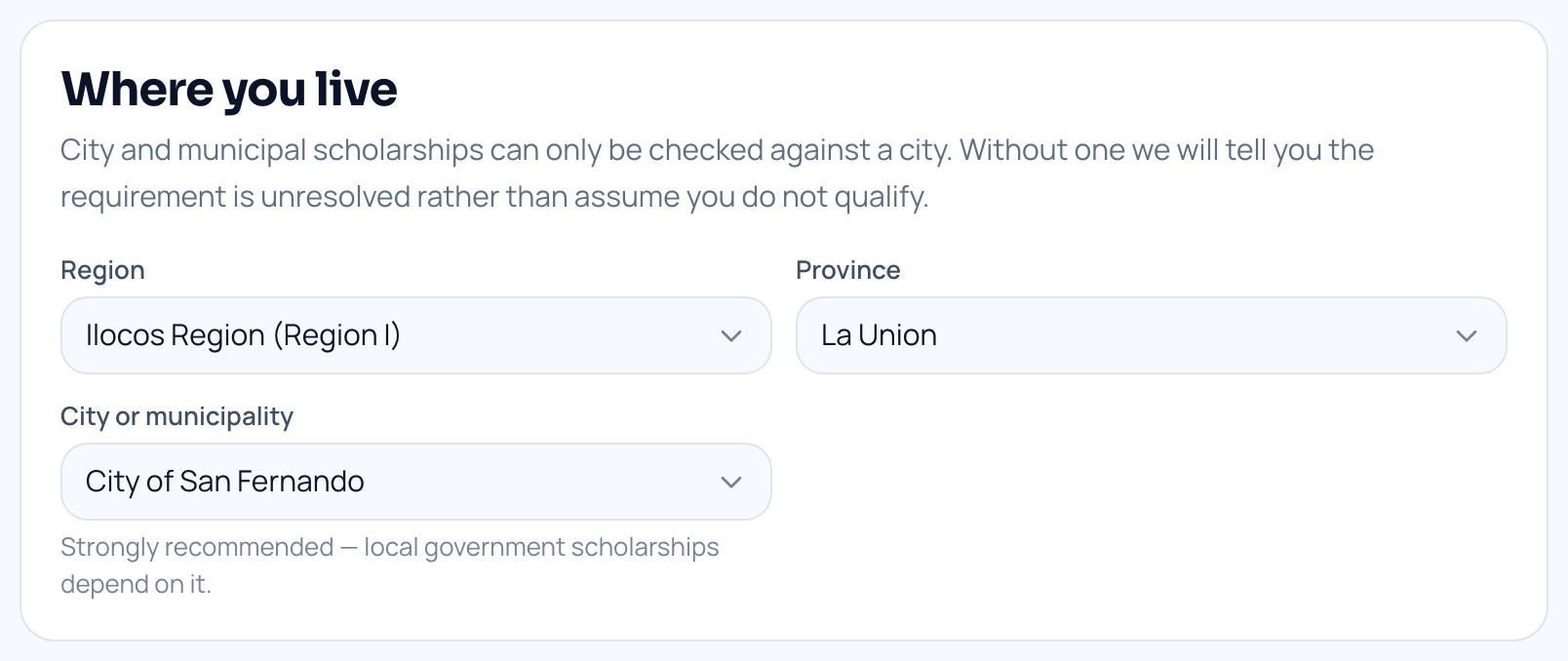 The part of a student profile that records where they live, down to region, province and city.