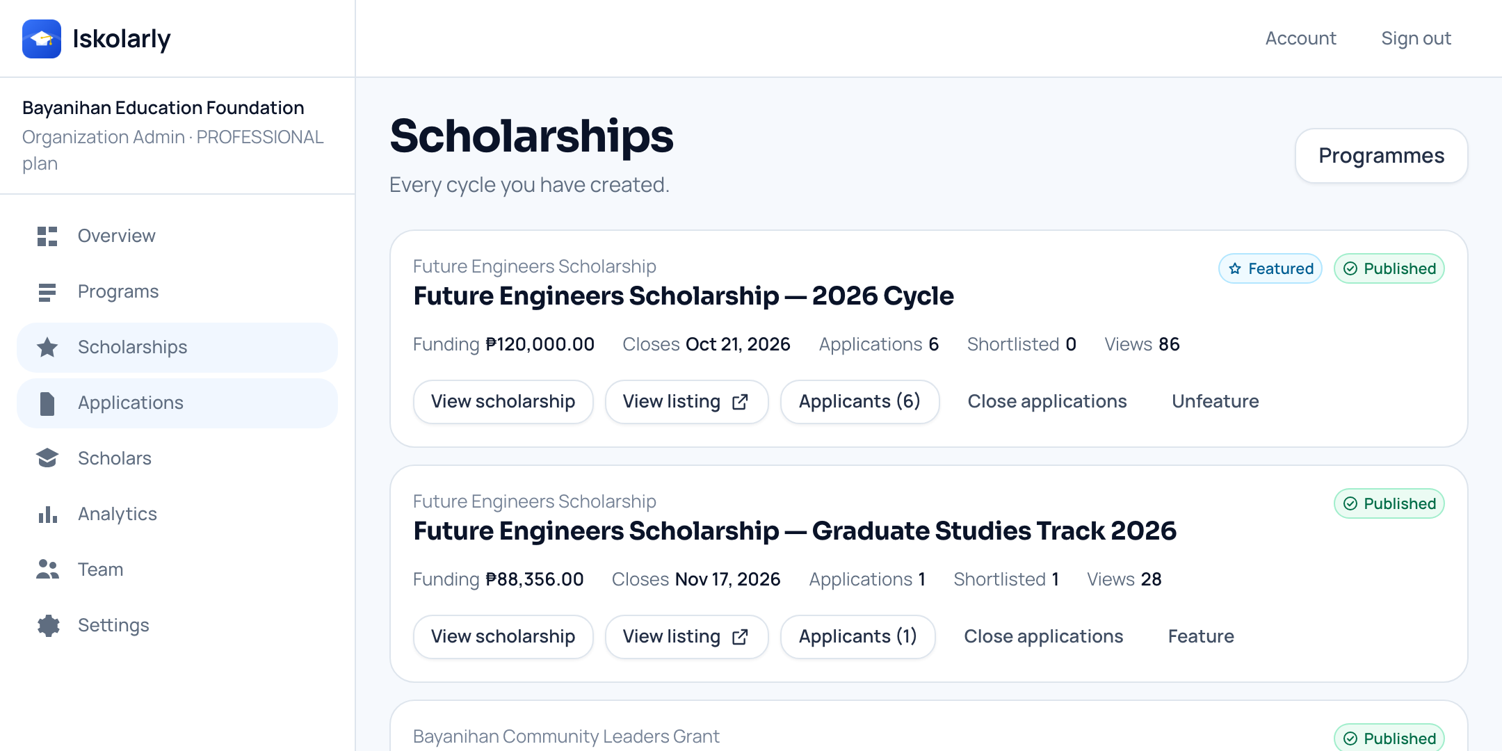 A school’s published scholarships, each showing its funding, closing date and how many people have applied.