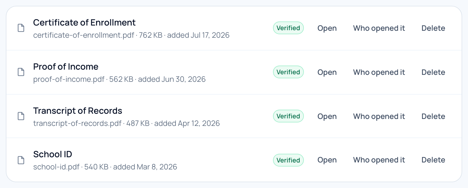 A list of uploaded records — certificate of enrolment, proof of income, transcript — each with its status.