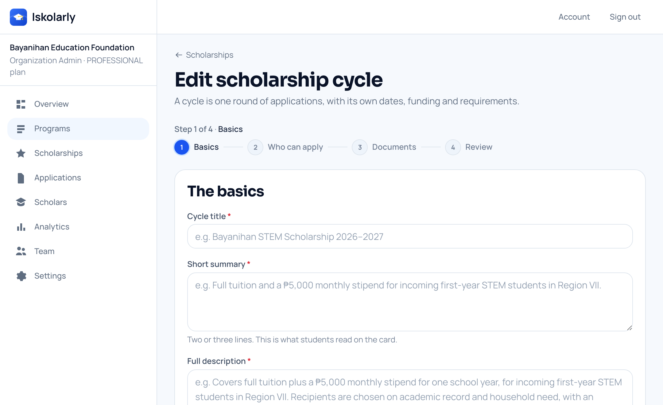 A four-step form for setting up a round, open on the first step with title and summary fields.
